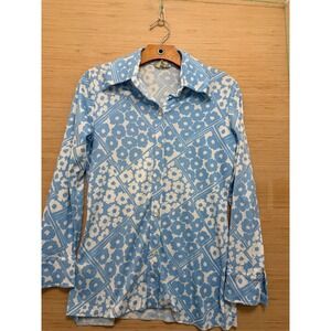 Vintage Kolortron Koret of California Blue Floral Geometric 70s Button Down